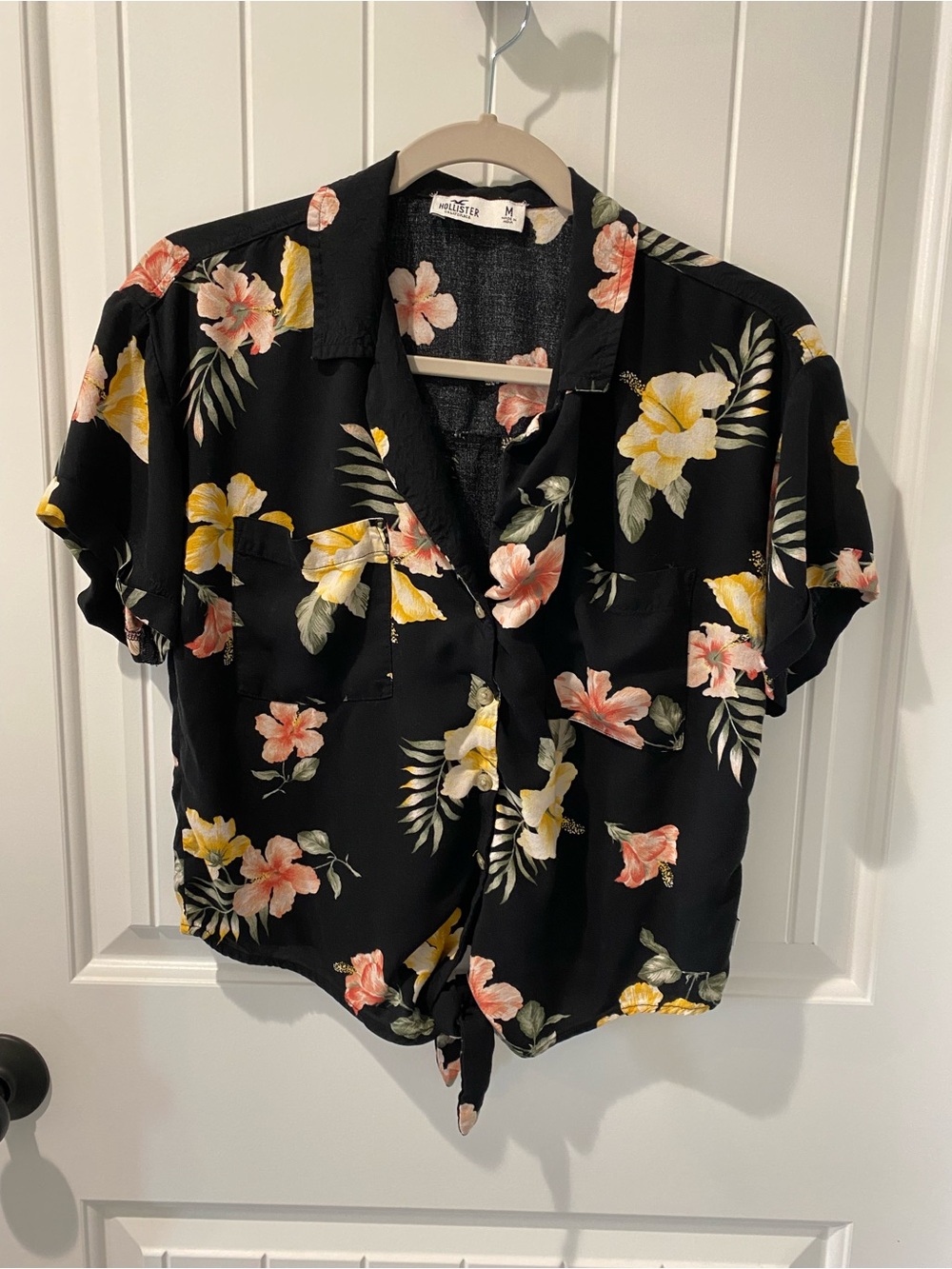 Hollister Black Floral Tie-Front Button Down Shirt with Yellow & Peach Flowers
